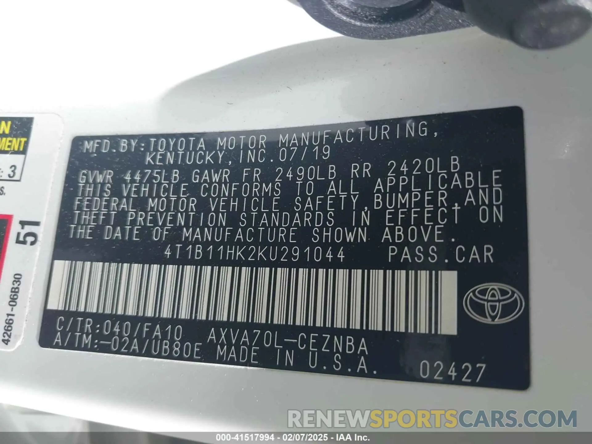 9 Photograph of a damaged car 4T1B11HK2KU291044 TOYOTA CAMRY 2019