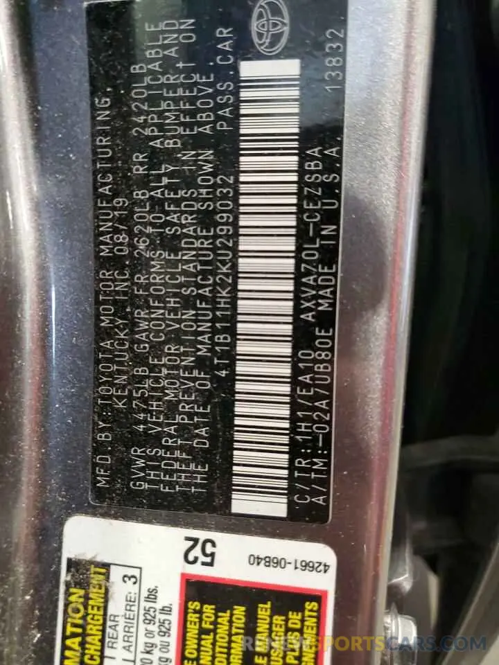 12 Photograph of a damaged car 4T1B11HK2KU299032 TOYOTA CAMRY 2019