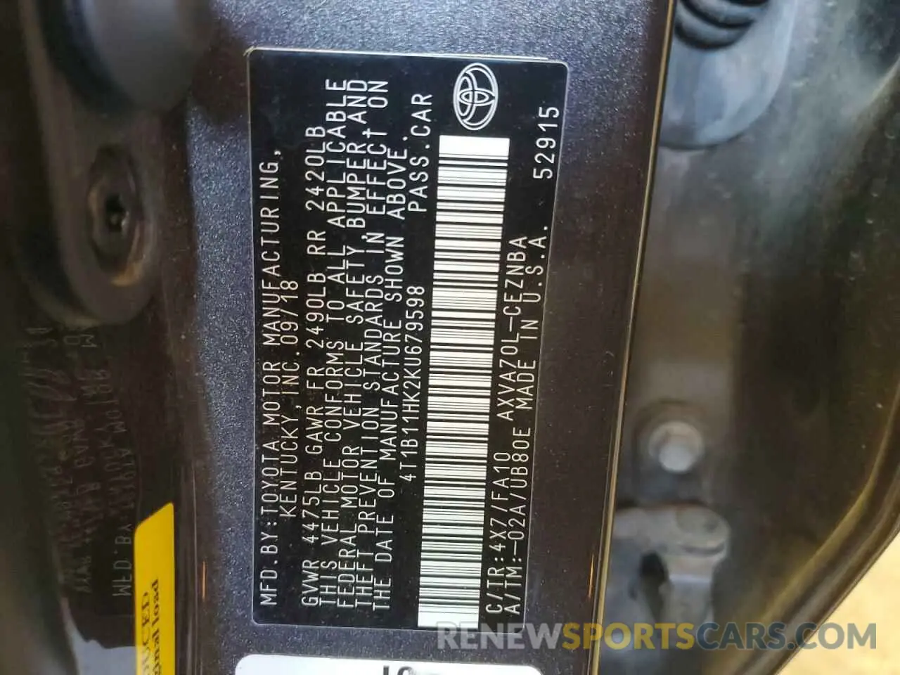 14 Photograph of a damaged car 4T1B11HK2KU679598 TOYOTA CAMRY 2019