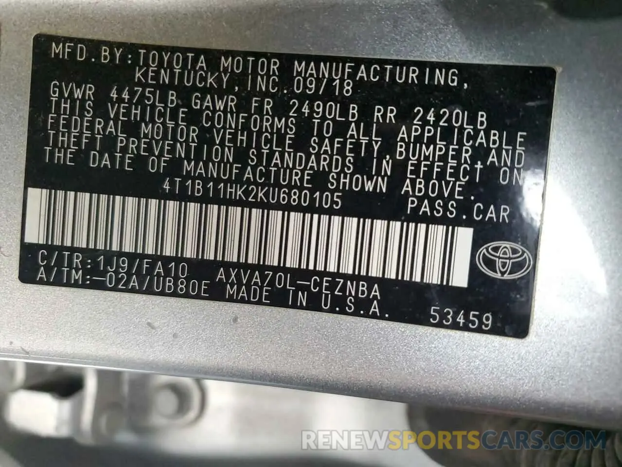 12 Photograph of a damaged car 4T1B11HK2KU680105 TOYOTA CAMRY 2019