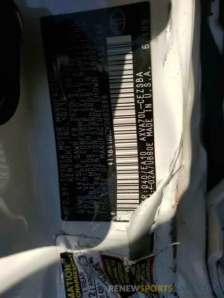 12 Photograph of a damaged car 4T1B11HK2KU692688 TOYOTA CAMRY 2019