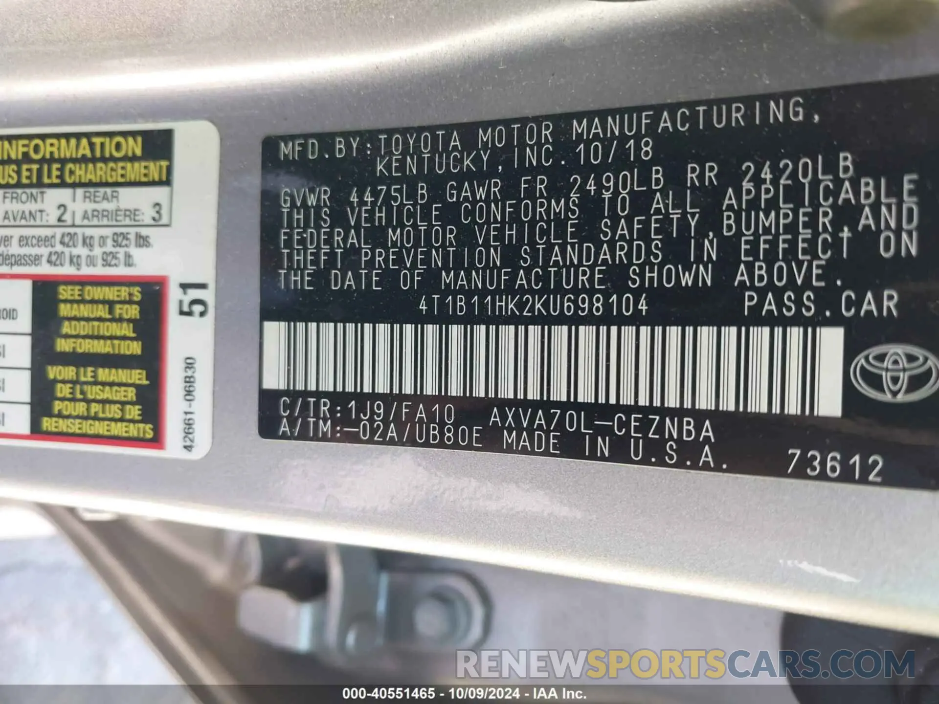 9 Photograph of a damaged car 4T1B11HK2KU698104 TOYOTA CAMRY 2019