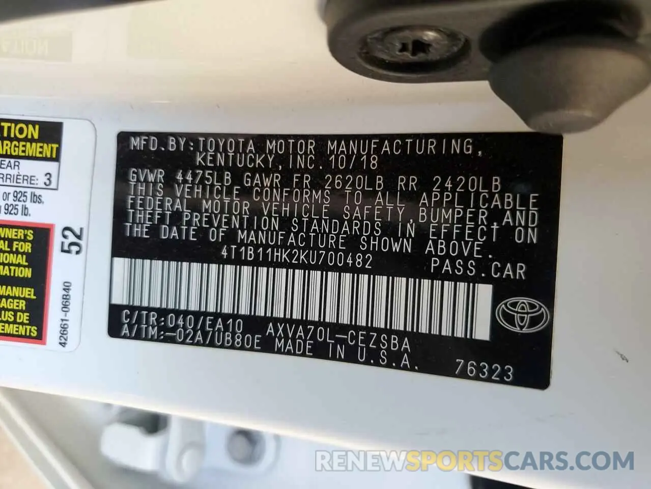 12 Photograph of a damaged car 4T1B11HK2KU700482 TOYOTA CAMRY 2019
