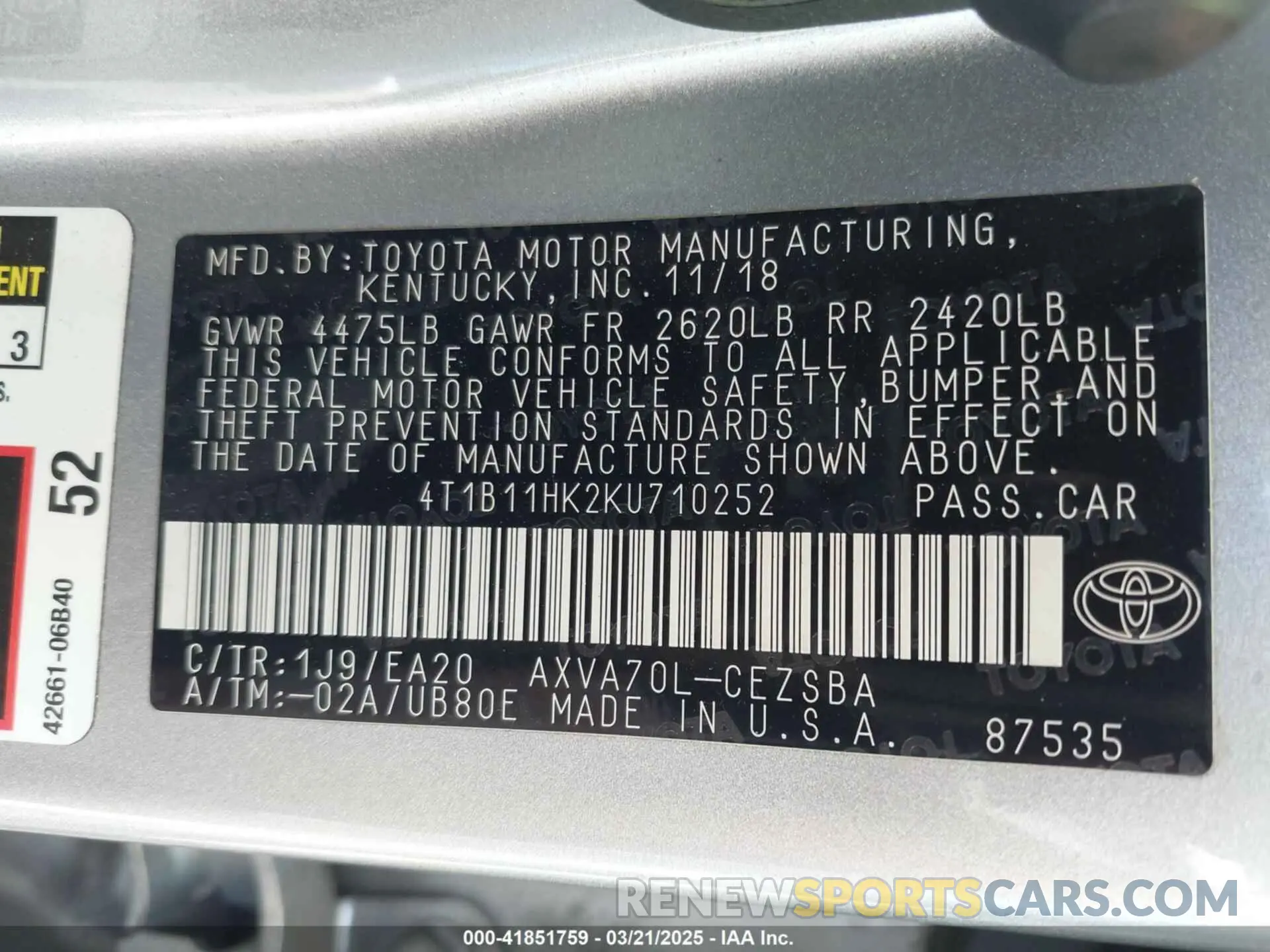 9 Photograph of a damaged car 4T1B11HK2KU710252 TOYOTA CAMRY 2019