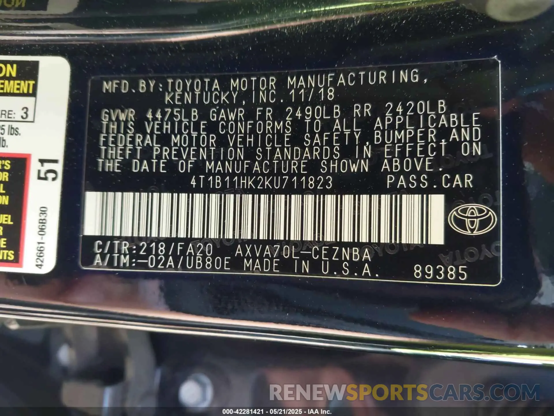 9 Photograph of a damaged car 4T1B11HK2KU711823 TOYOTA CAMRY 2019