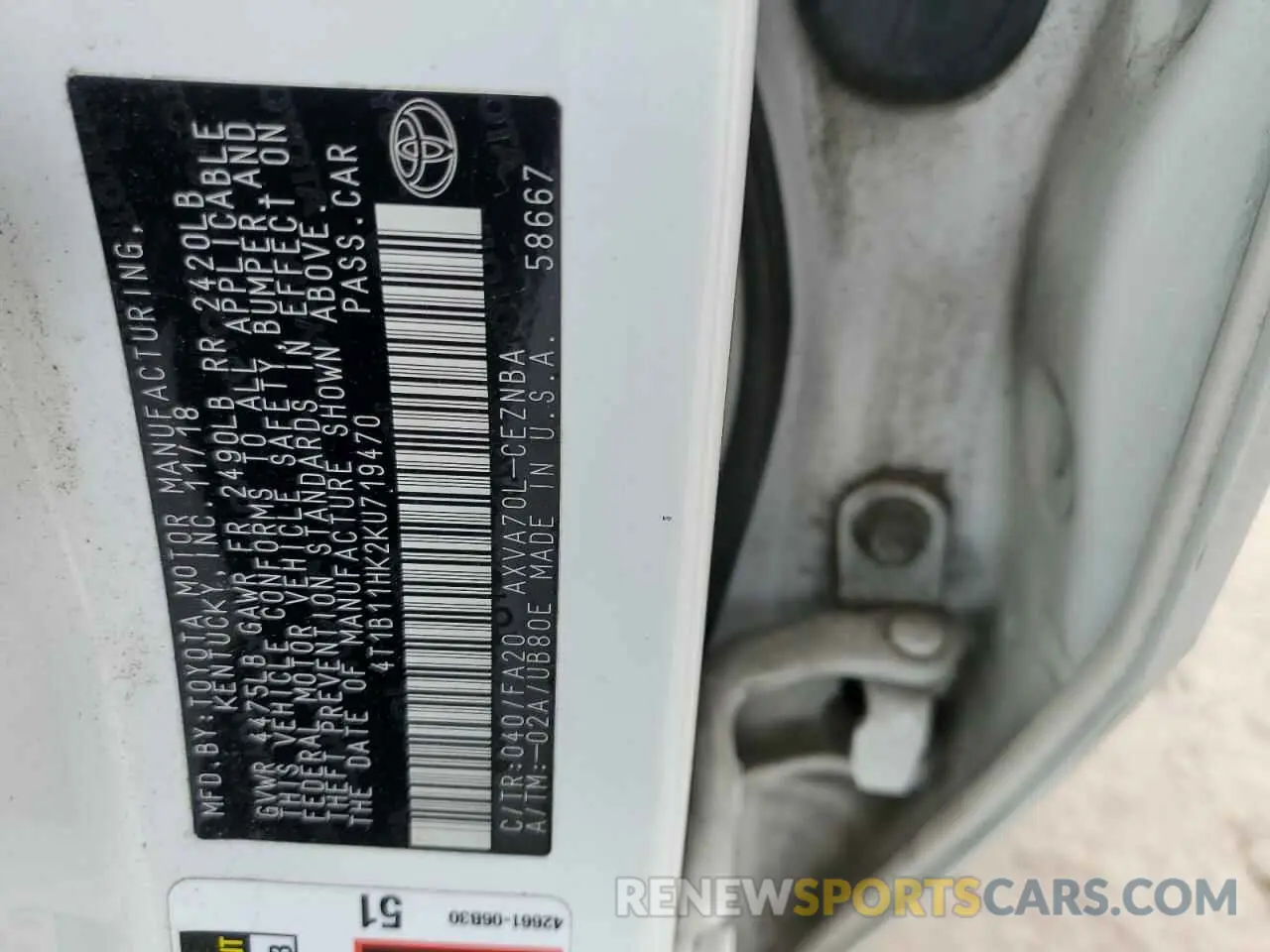 12 Photograph of a damaged car 4T1B11HK2KU719470 TOYOTA CAMRY 2019