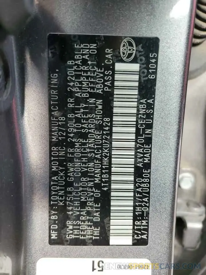 14 Photograph of a damaged car 4T1B11HK2KU721428 TOYOTA CAMRY 2019