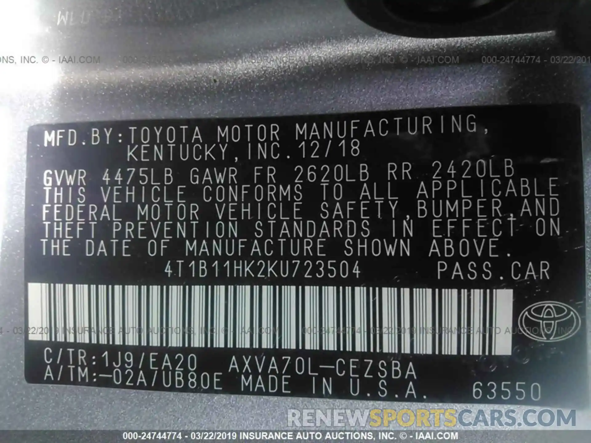 9 Photograph of a damaged car 4T1B11HK2KU723504 TOYOTA CAMRY 2019