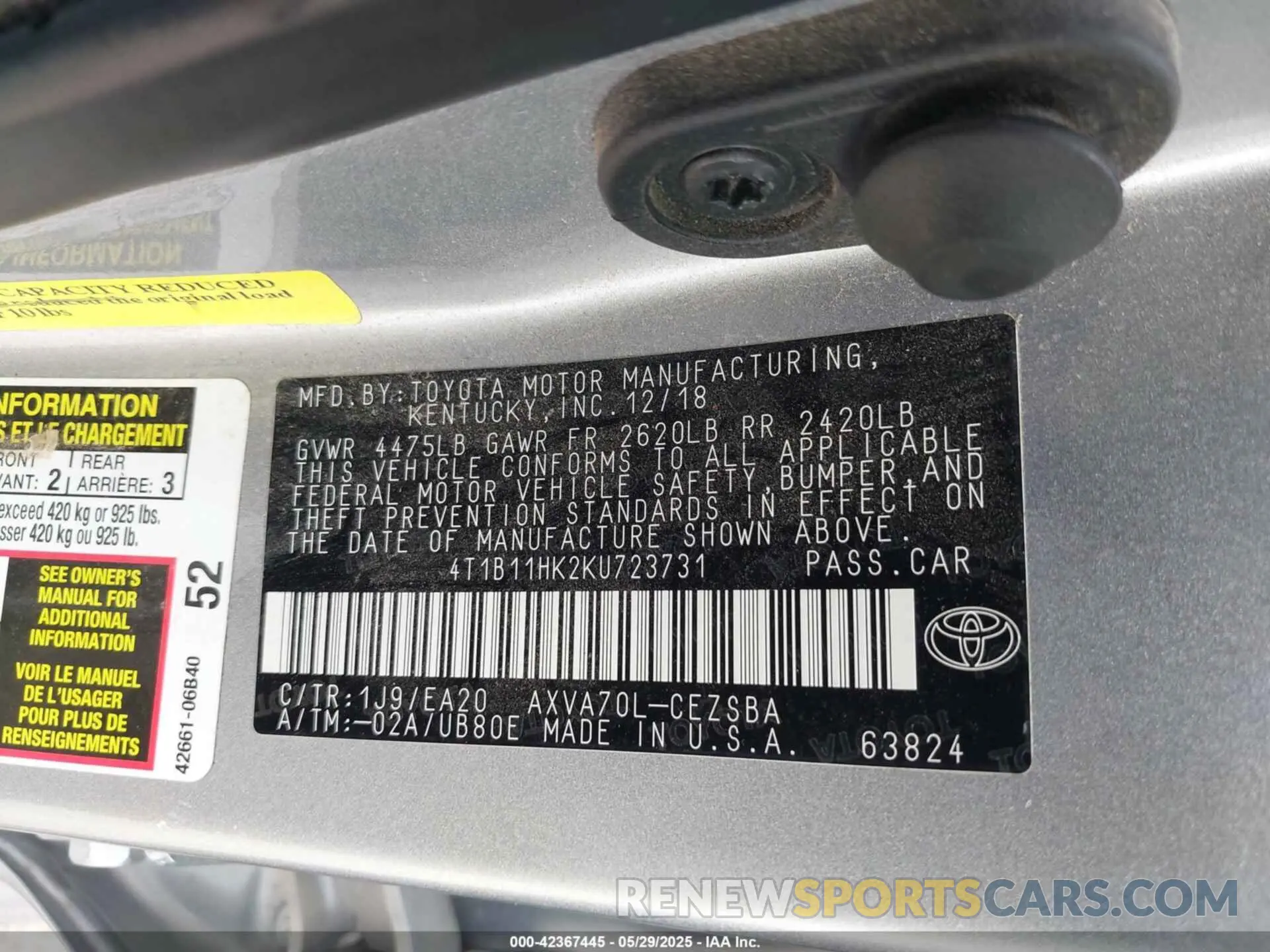 9 Photograph of a damaged car 4T1B11HK2KU723731 TOYOTA CAMRY 2019