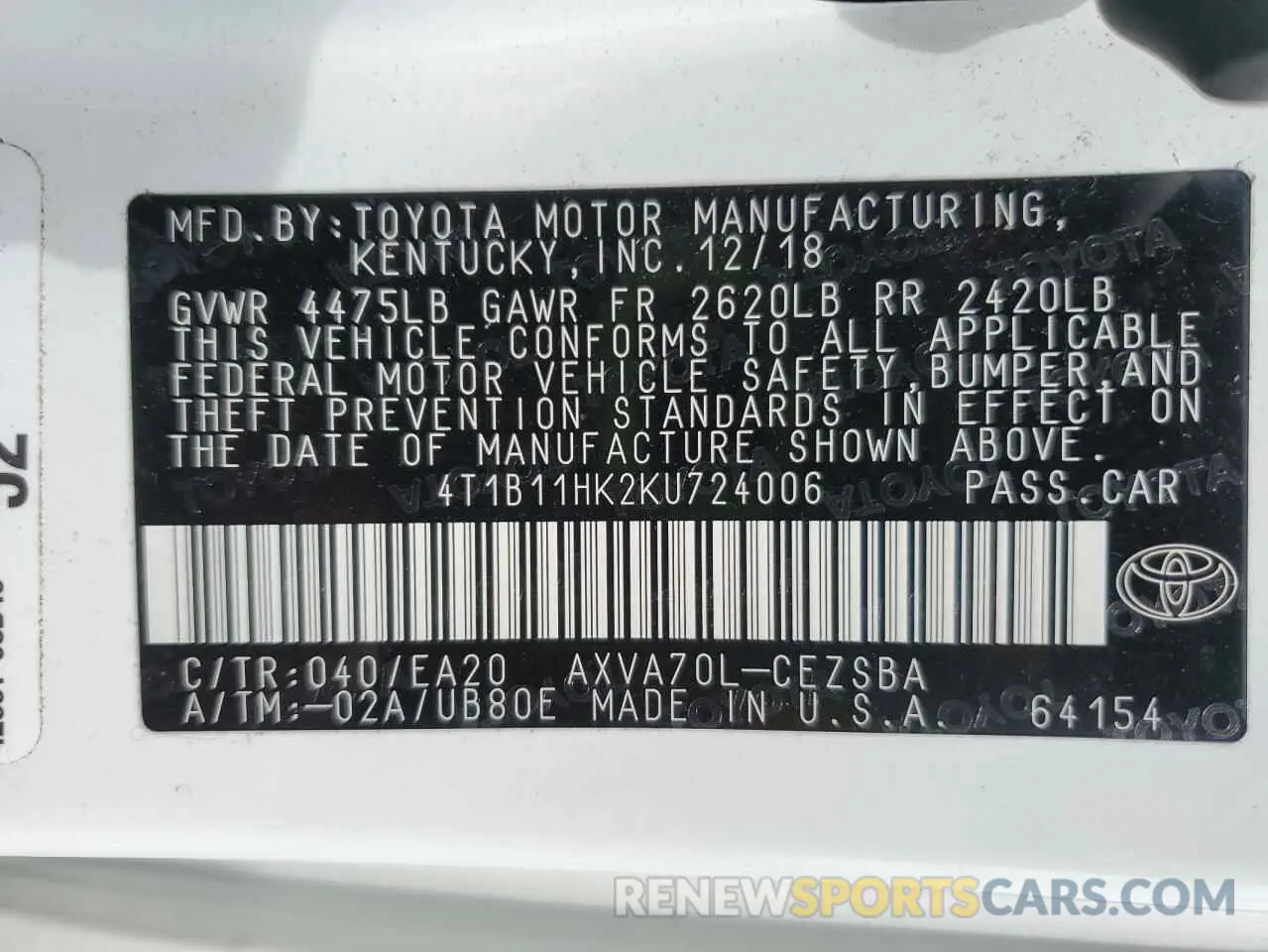 12 Photograph of a damaged car 4T1B11HK2KU724006 TOYOTA CAMRY 2019
