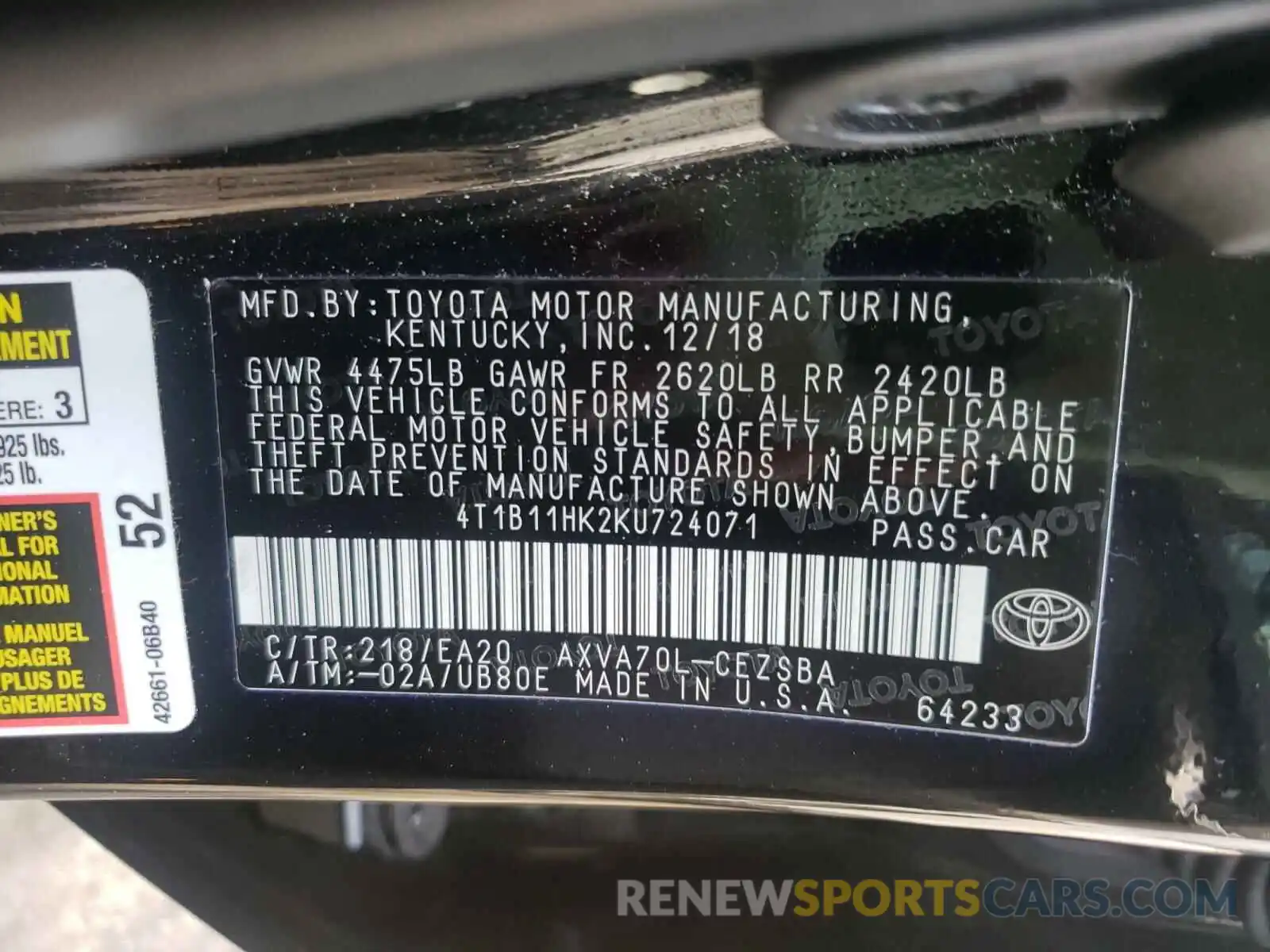 10 Photograph of a damaged car 4T1B11HK2KU724071 TOYOTA CAMRY 2019