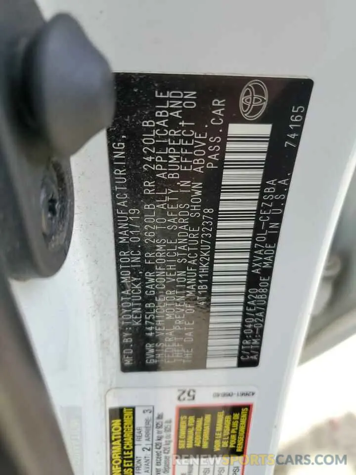 12 Photograph of a damaged car 4T1B11HK2KU732378 TOYOTA CAMRY 2019