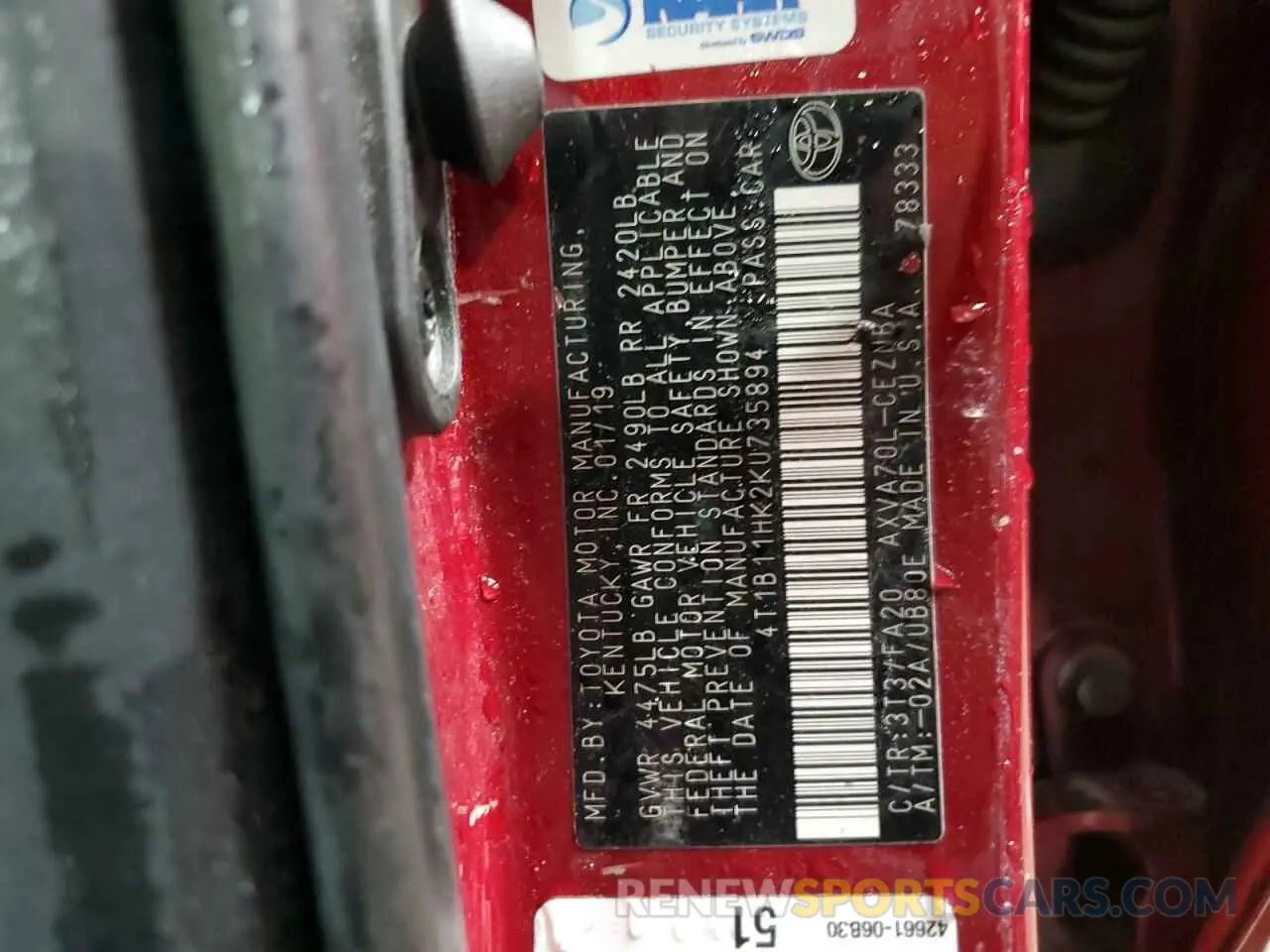 12 Photograph of a damaged car 4T1B11HK2KU735894 TOYOTA CAMRY 2019