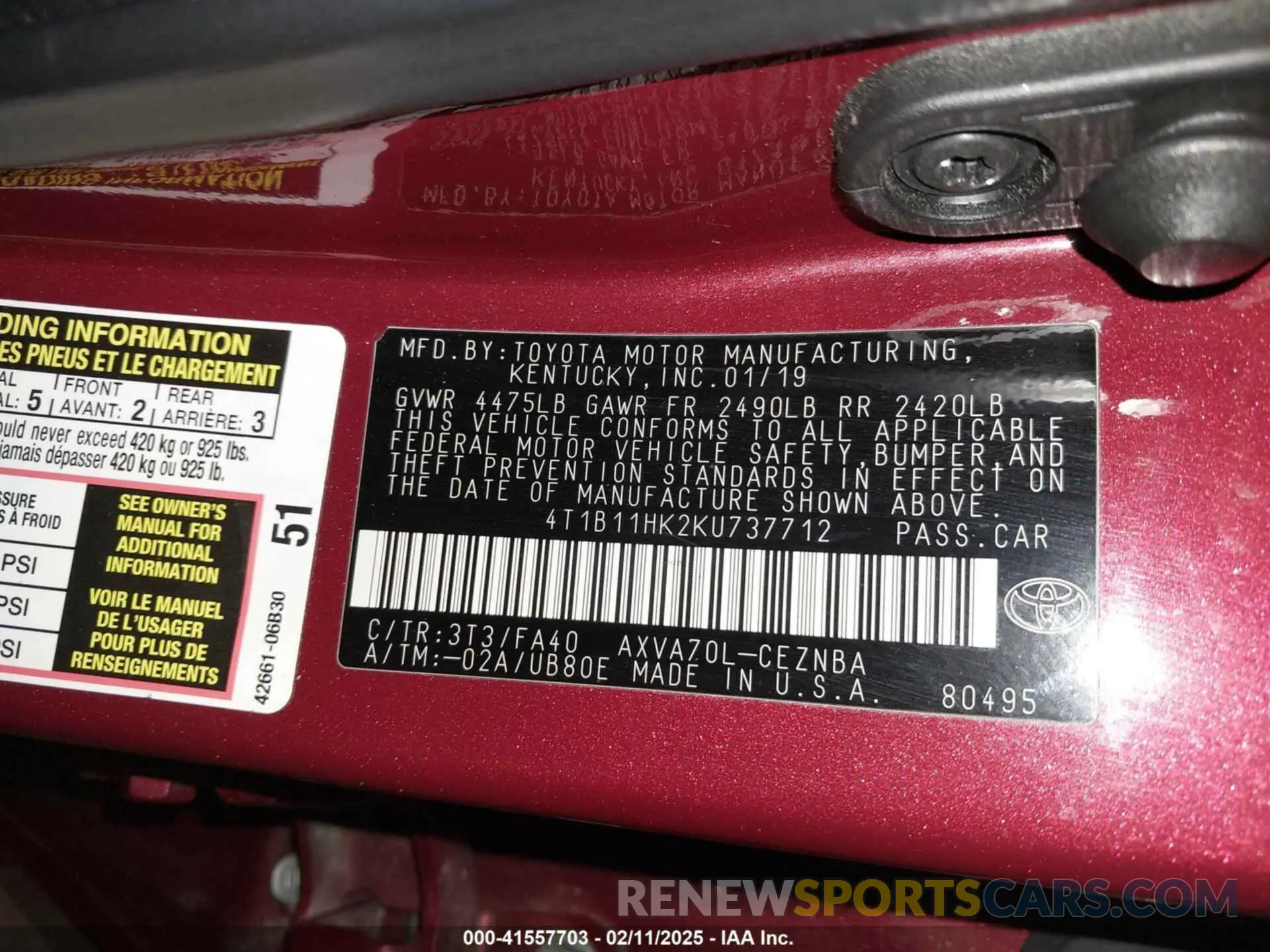 9 Photograph of a damaged car 4T1B11HK2KU737712 TOYOTA CAMRY 2019