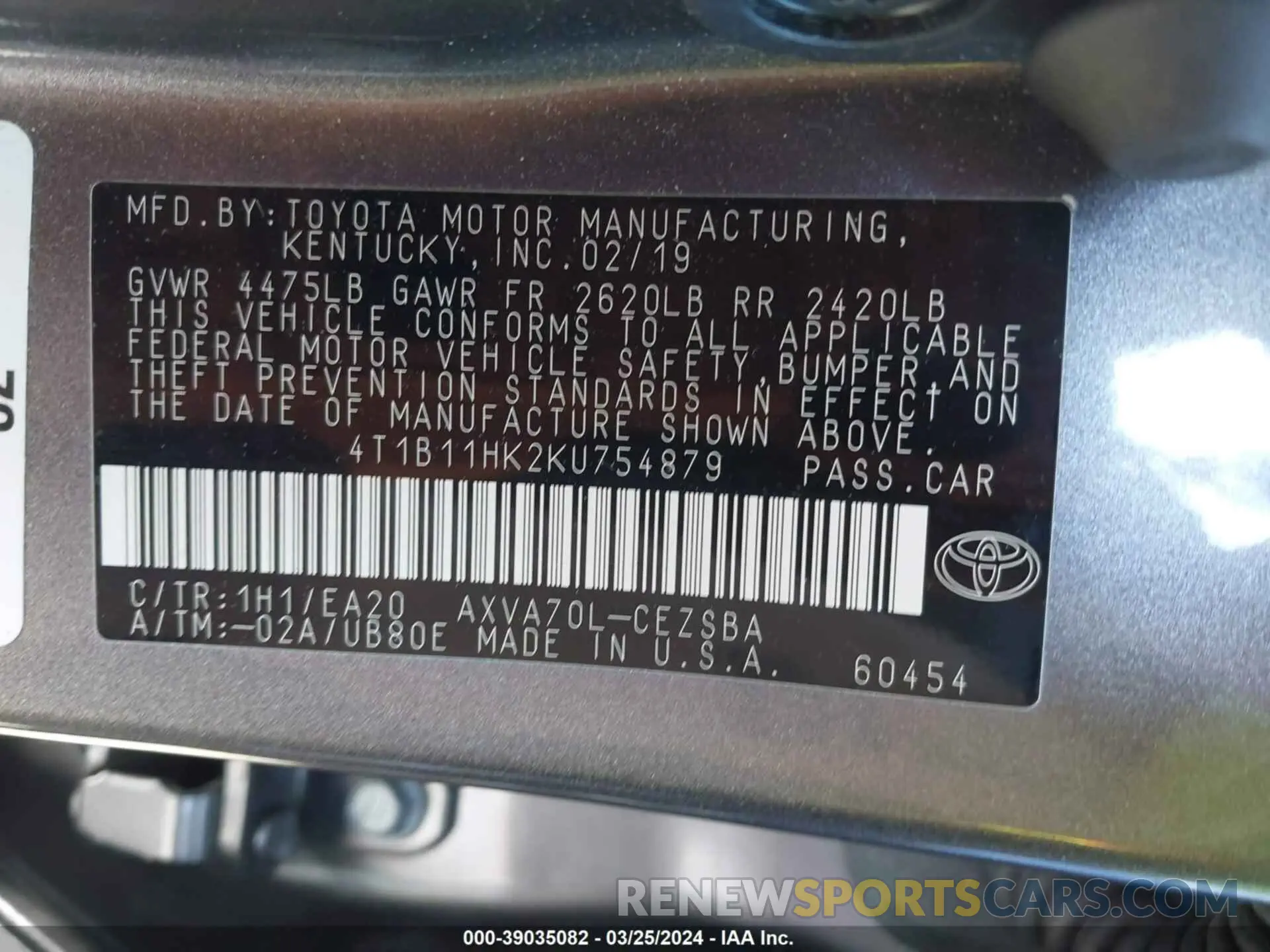 9 Photograph of a damaged car 4T1B11HK2KU754879 TOYOTA CAMRY 2019