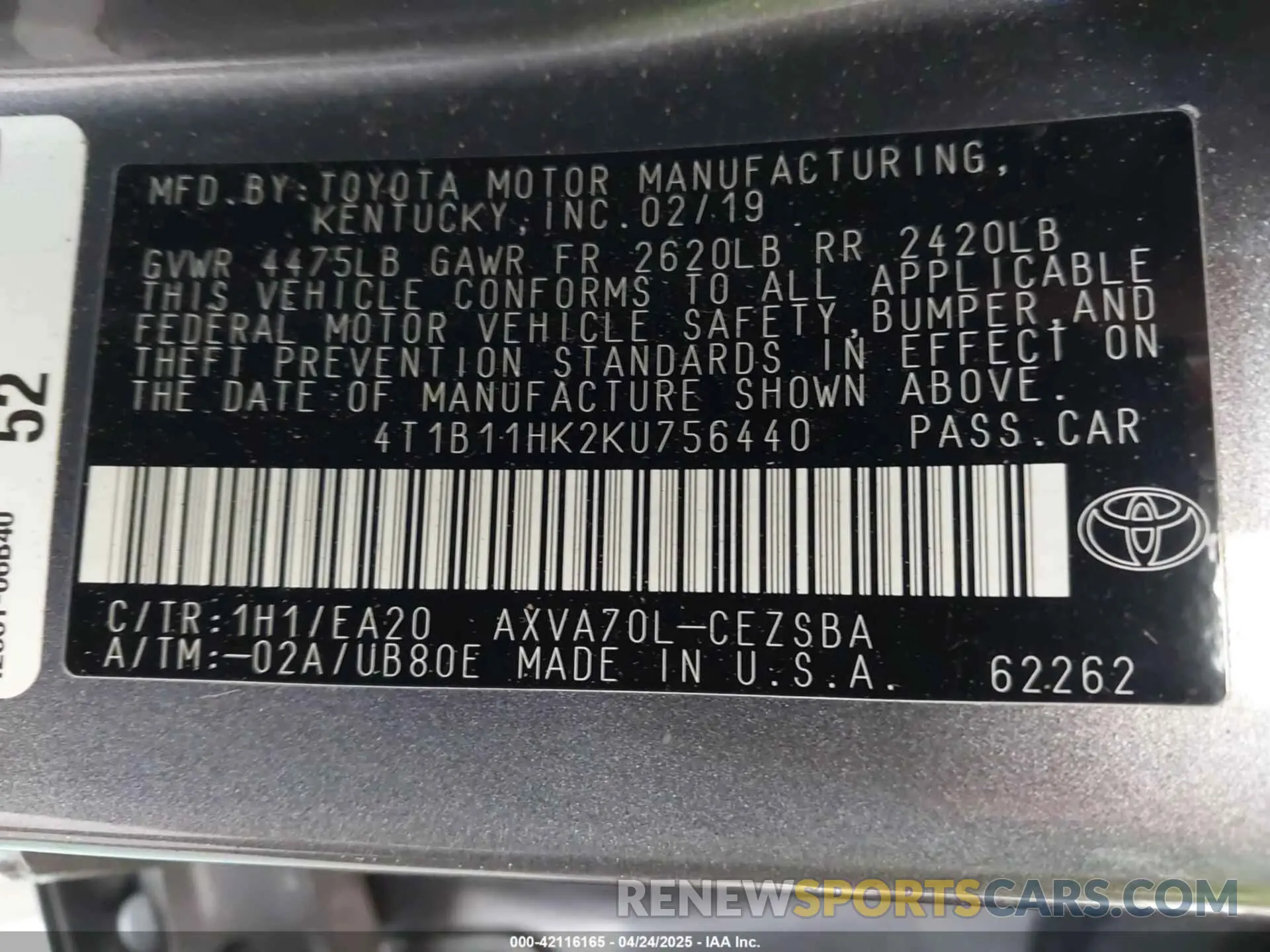 9 Photograph of a damaged car 4T1B11HK2KU756440 TOYOTA CAMRY 2019