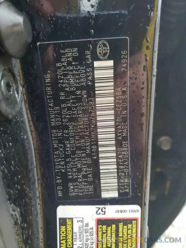 12 Photograph of a damaged car 4T1B11HK2KU767583 TOYOTA CAMRY 2019