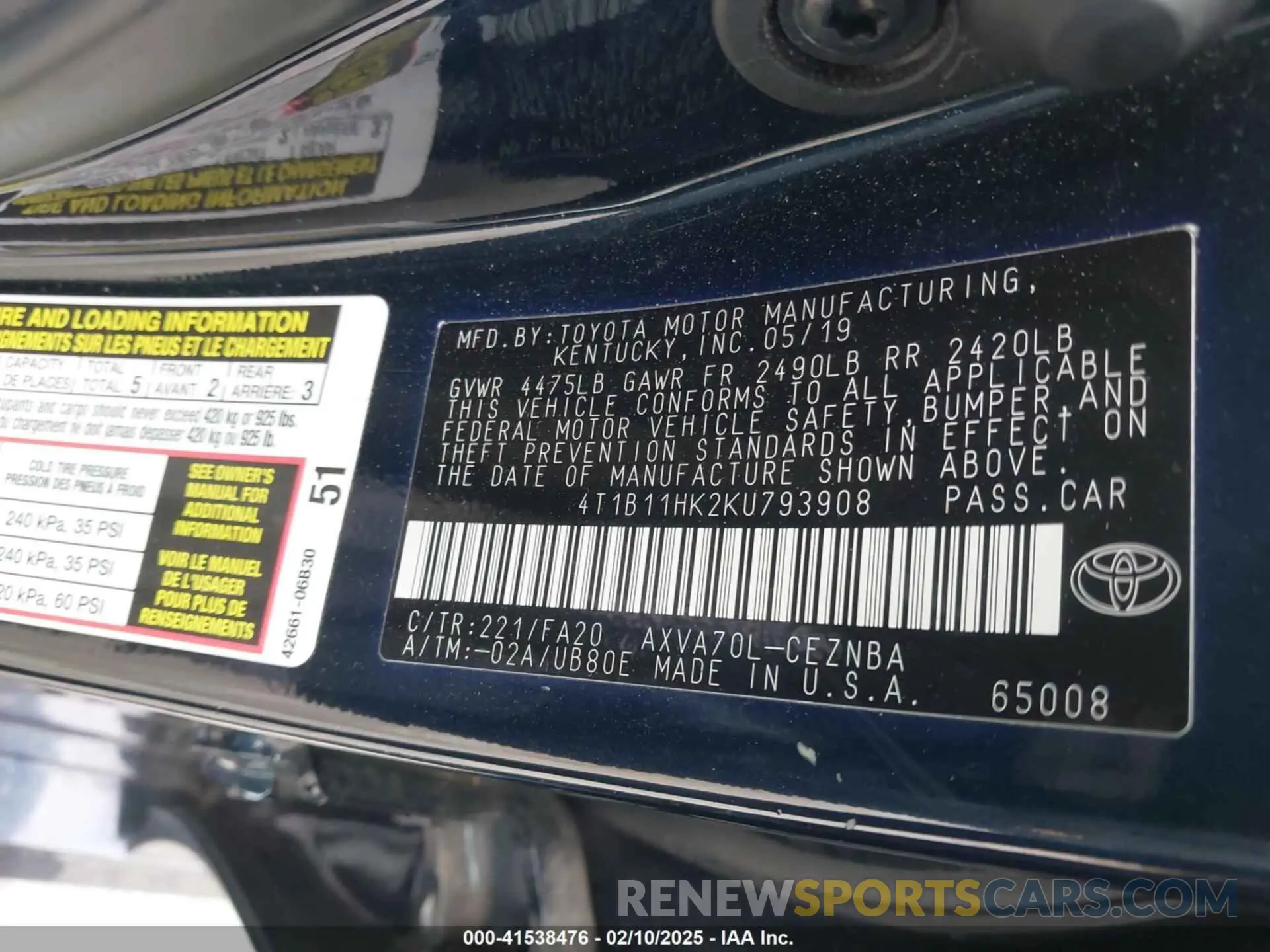 9 Photograph of a damaged car 4T1B11HK2KU793908 TOYOTA CAMRY 2019