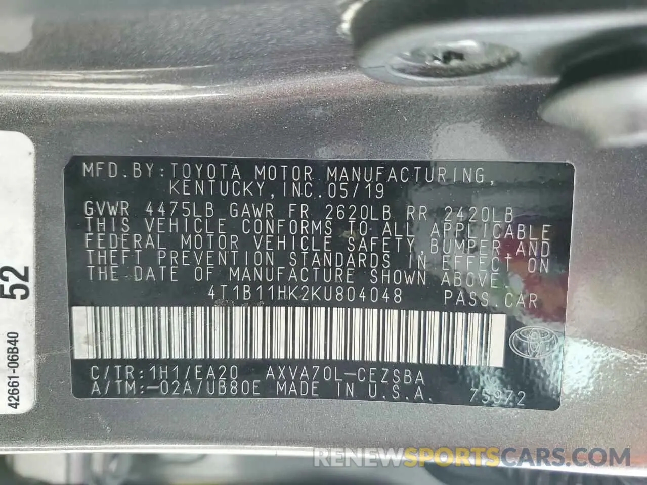 12 Photograph of a damaged car 4T1B11HK2KU804048 TOYOTA CAMRY 2019