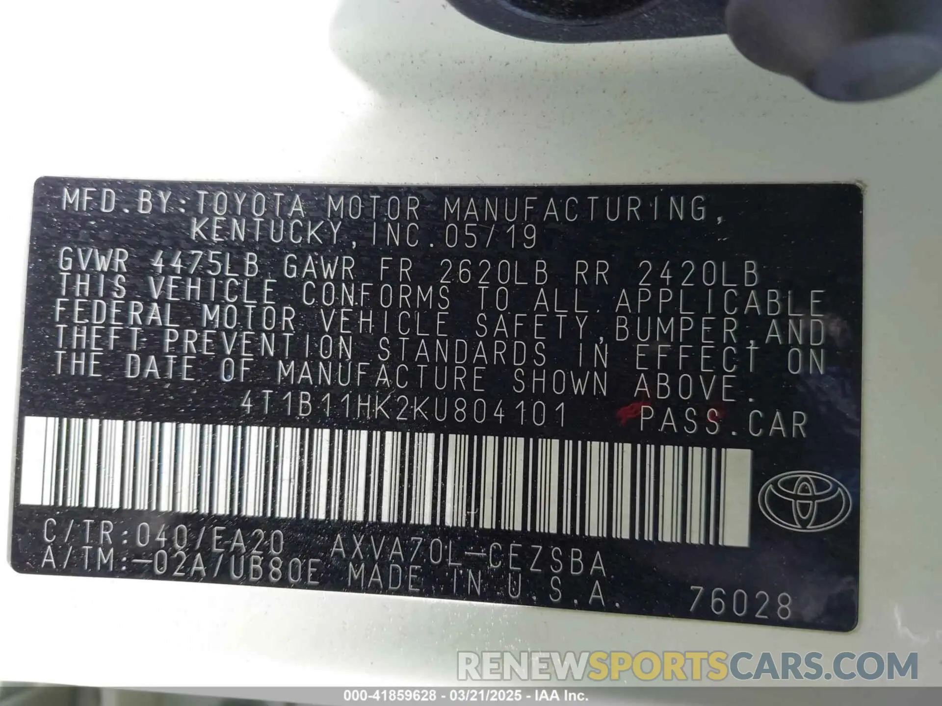 9 Photograph of a damaged car 4T1B11HK2KU804101 TOYOTA CAMRY 2019