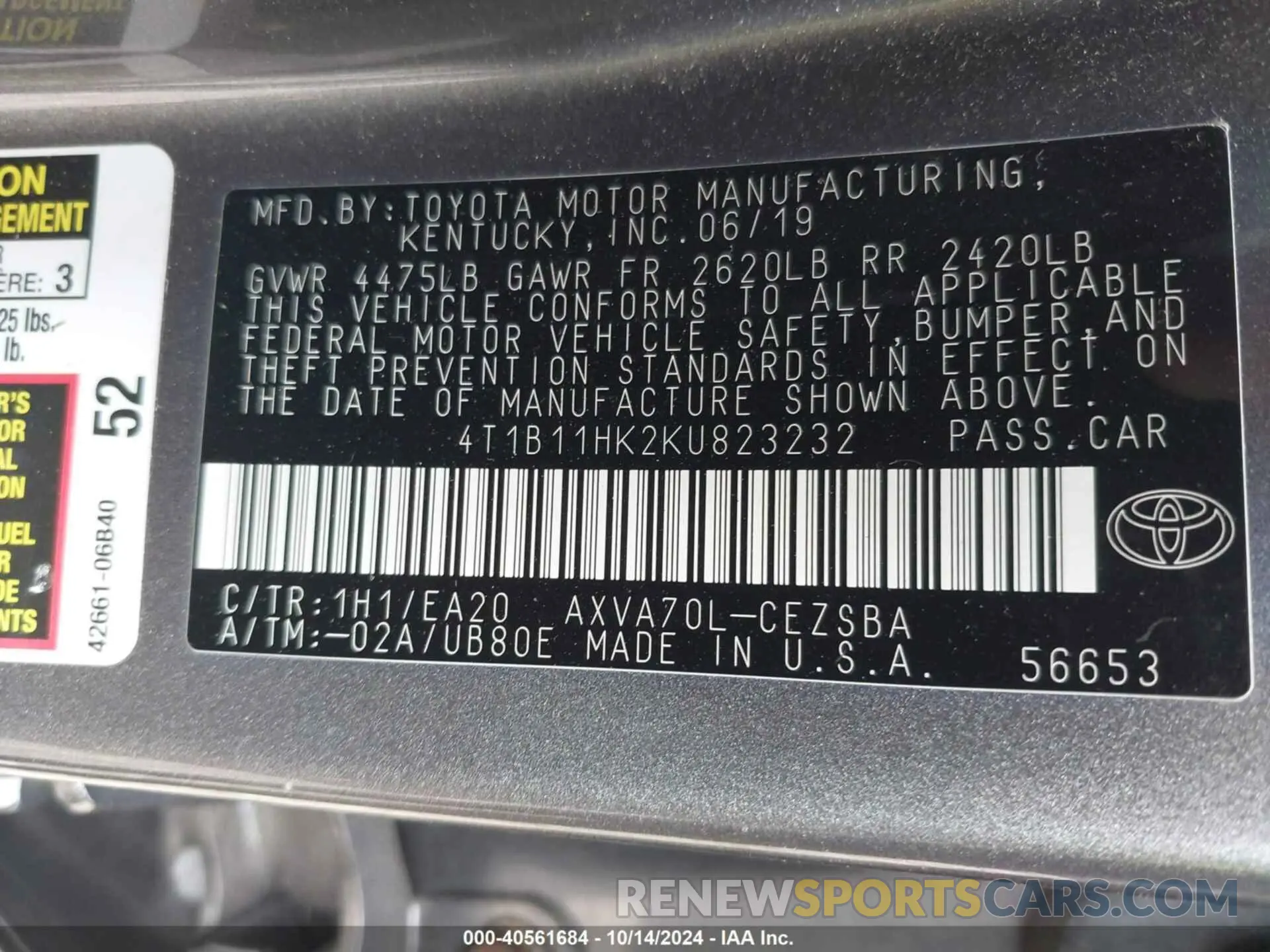 9 Photograph of a damaged car 4T1B11HK2KU823232 TOYOTA CAMRY 2019