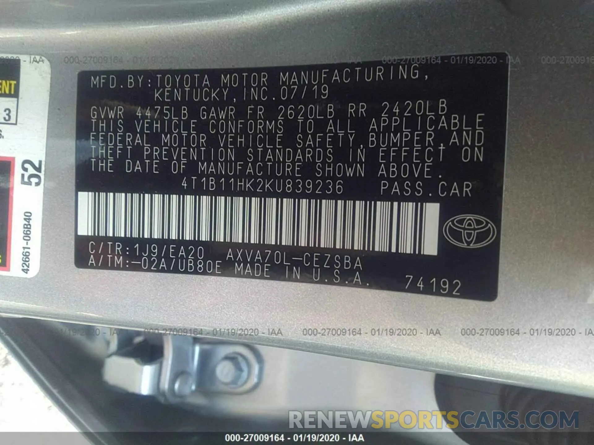 9 Photograph of a damaged car 4T1B11HK2KU839236 TOYOTA CAMRY 2019