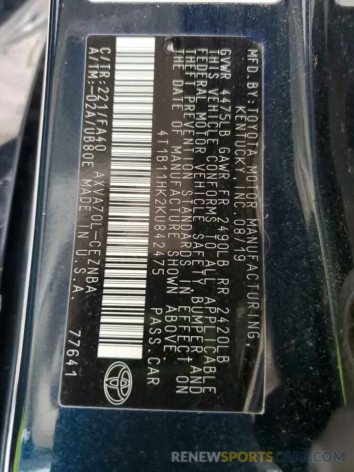 14 Photograph of a damaged car 4T1B11HK2KU842475 TOYOTA CAMRY 2019