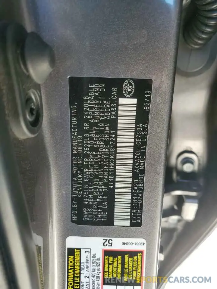 12 Photograph of a damaged car 4T1B11HK2KU847241 TOYOTA CAMRY 2019