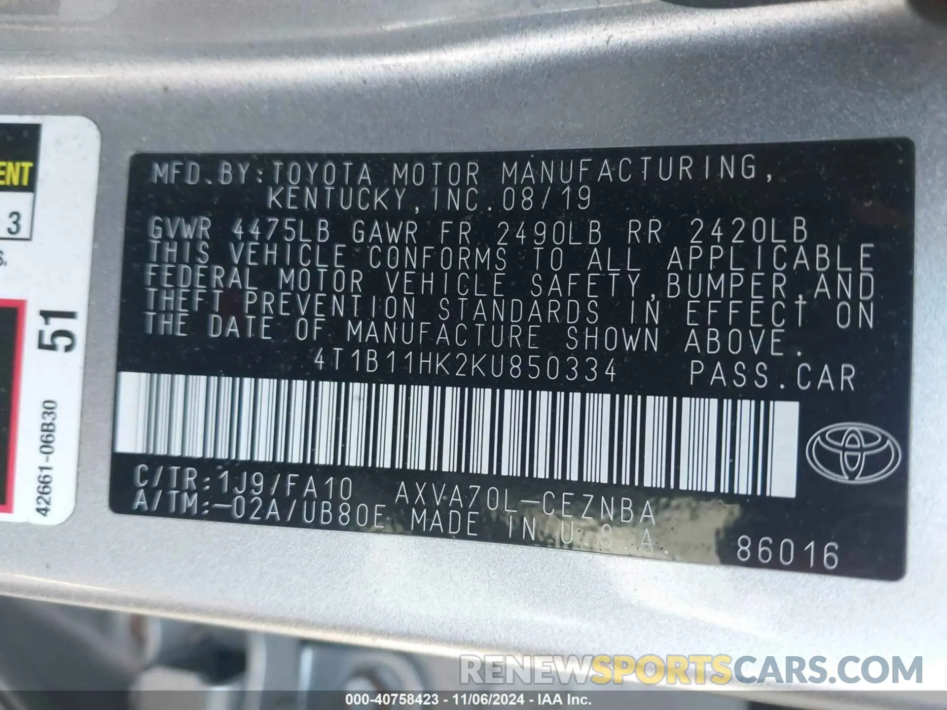 9 Photograph of a damaged car 4T1B11HK2KU850334 TOYOTA CAMRY 2019