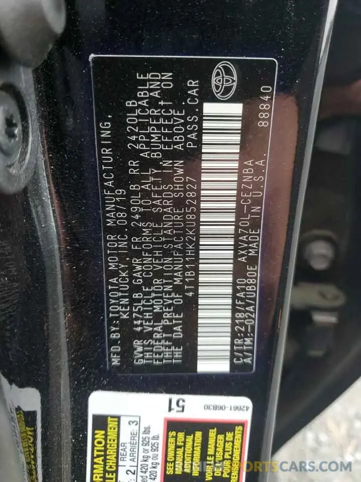 13 Photograph of a damaged car 4T1B11HK2KU852827 TOYOTA CAMRY 2019