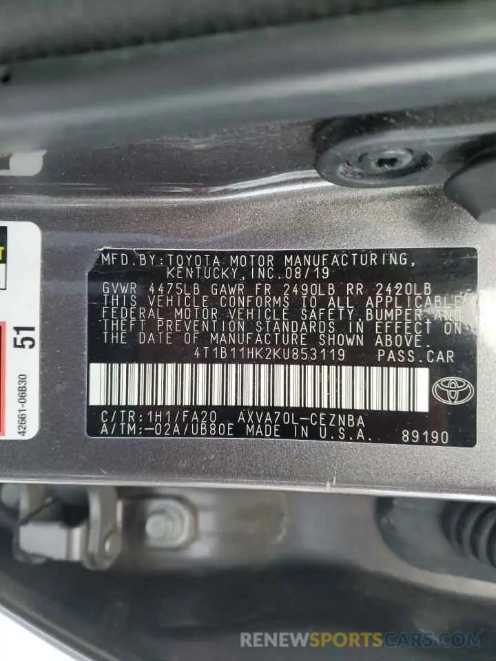 13 Photograph of a damaged car 4T1B11HK2KU853119 TOYOTA CAMRY 2019