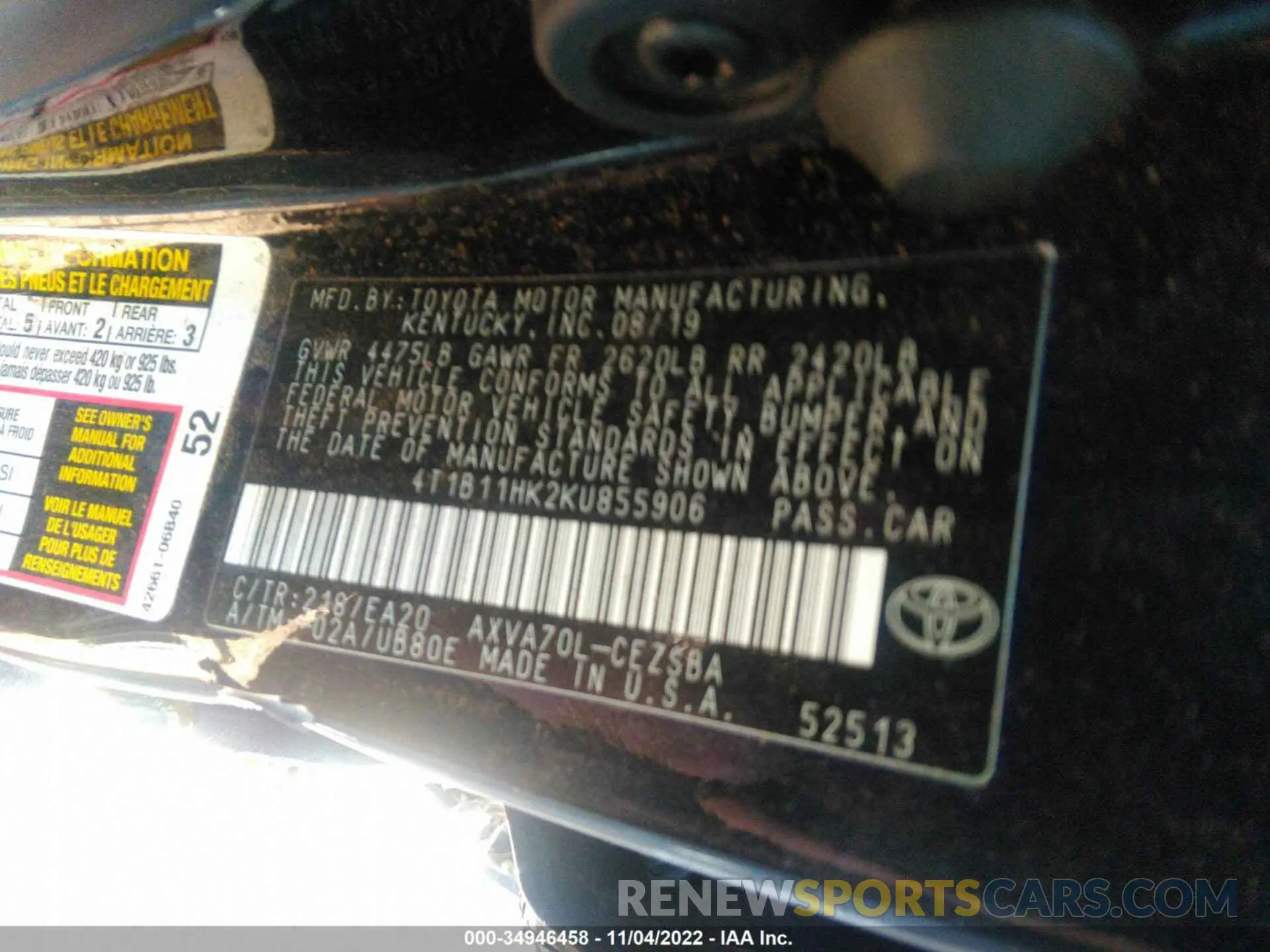 9 Photograph of a damaged car 4T1B11HK2KU855906 TOYOTA CAMRY 2019