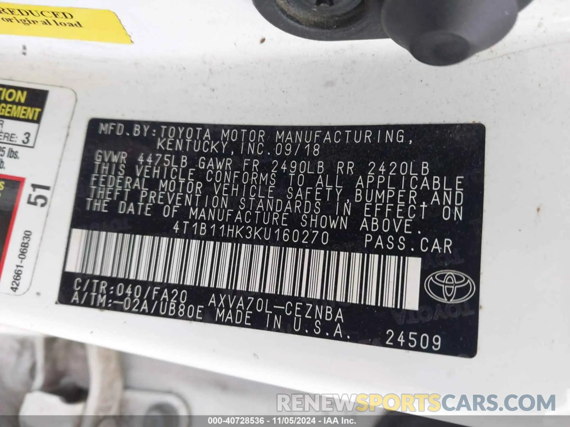 9 Photograph of a damaged car 4T1B11HK3KU160270 TOYOTA CAMRY 2019