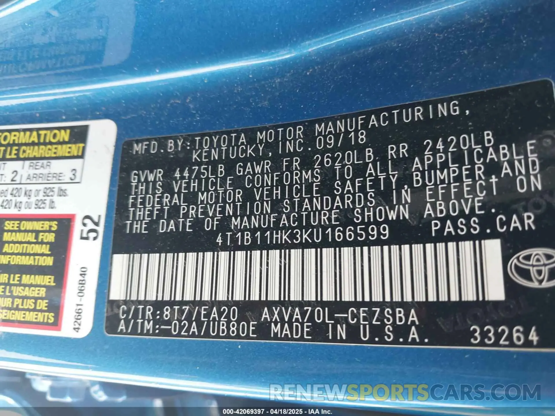 9 Photograph of a damaged car 4T1B11HK3KU166599 TOYOTA CAMRY 2019
