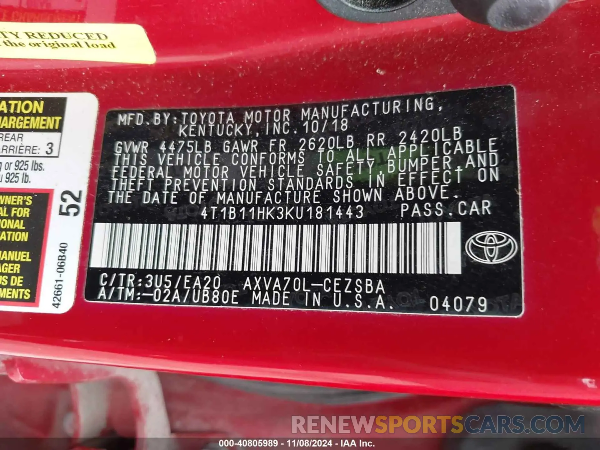 9 Photograph of a damaged car 4T1B11HK3KU181443 TOYOTA CAMRY 2019