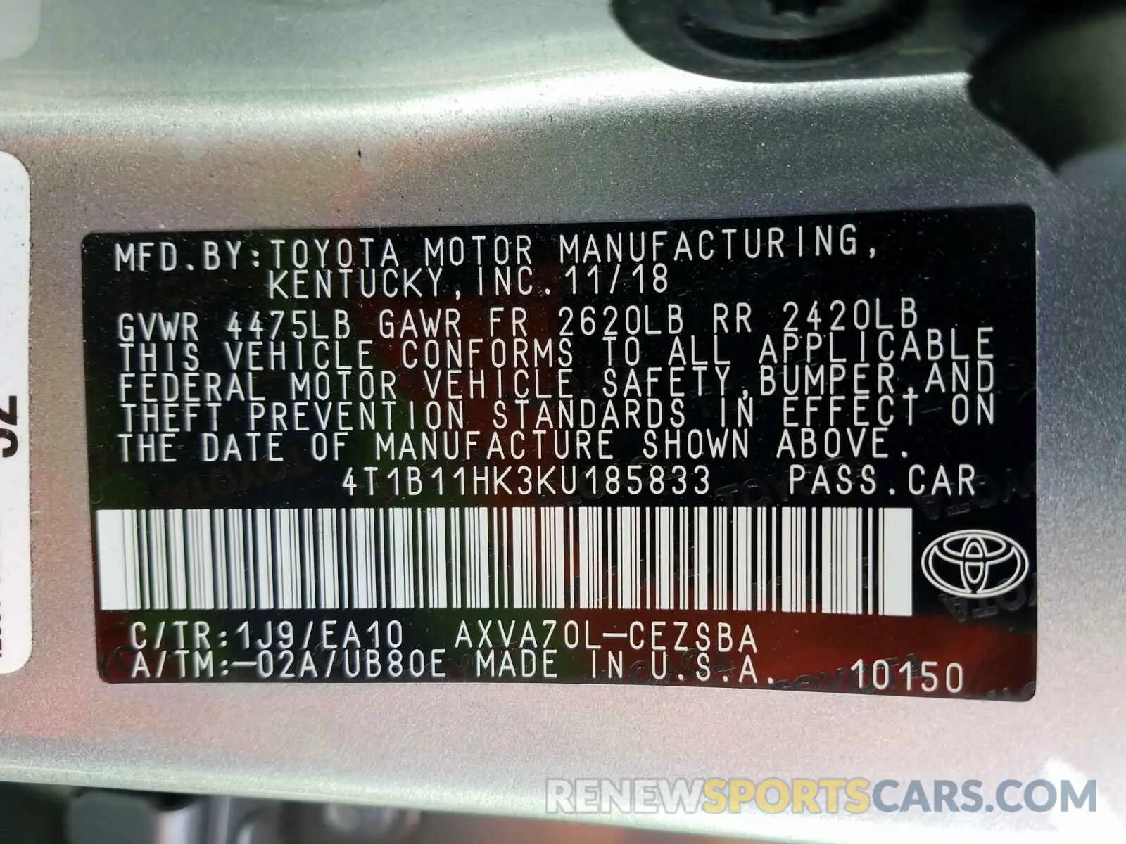 10 Photograph of a damaged car 4T1B11HK3KU185833 TOYOTA CAMRY 2019