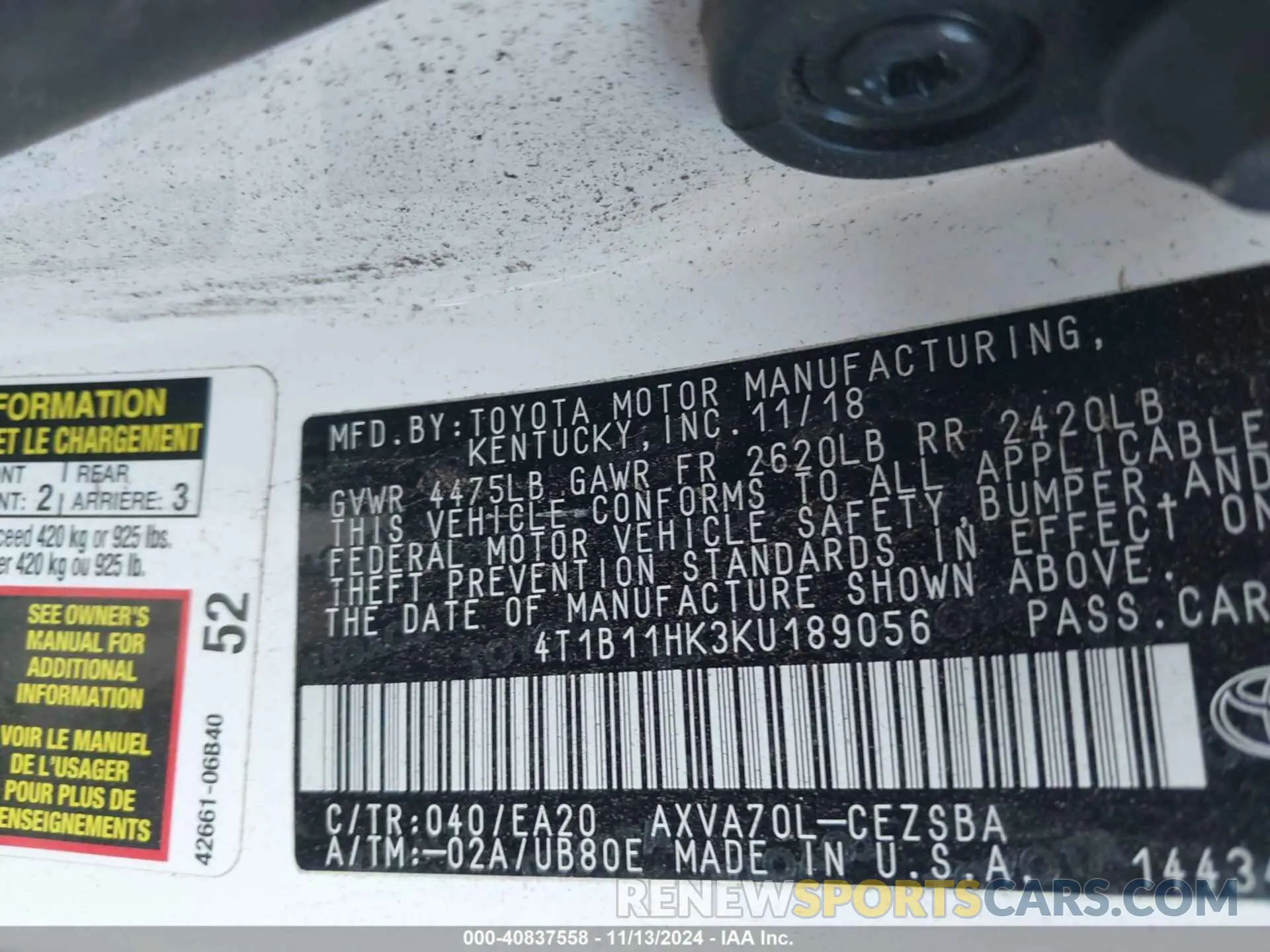 9 Photograph of a damaged car 4T1B11HK3KU189056 TOYOTA CAMRY 2019