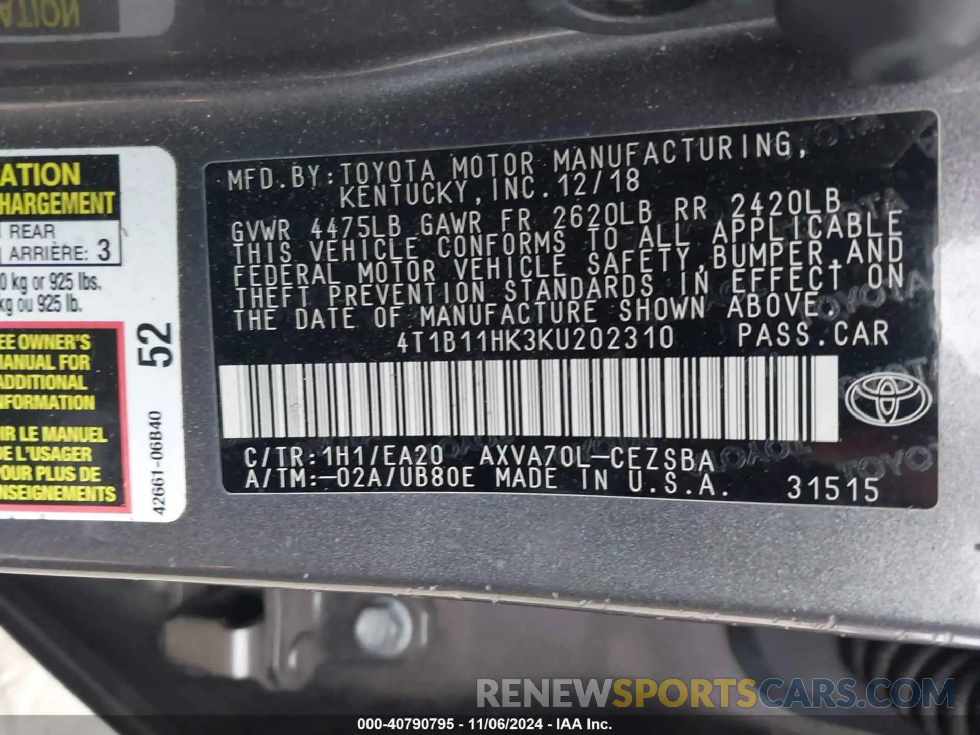 9 Photograph of a damaged car 4T1B11HK3KU202310 TOYOTA CAMRY 2019