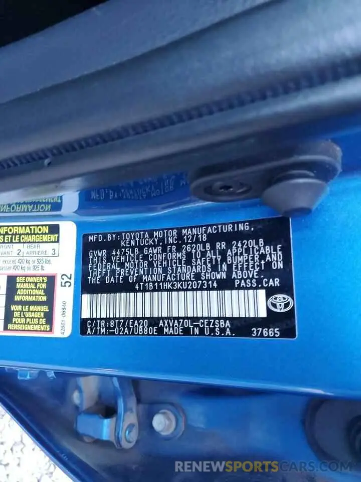 12 Photograph of a damaged car 4T1B11HK3KU207314 TOYOTA CAMRY 2019