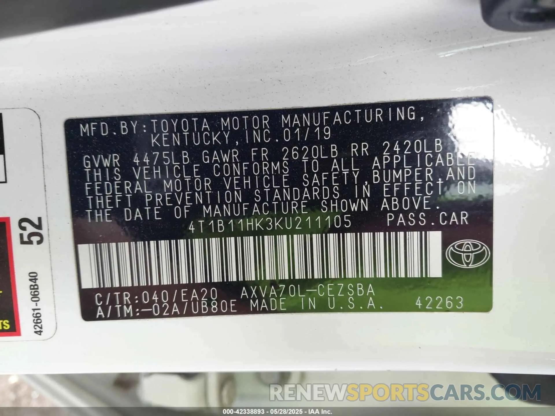 9 Photograph of a damaged car 4T1B11HK3KU211105 TOYOTA CAMRY 2019