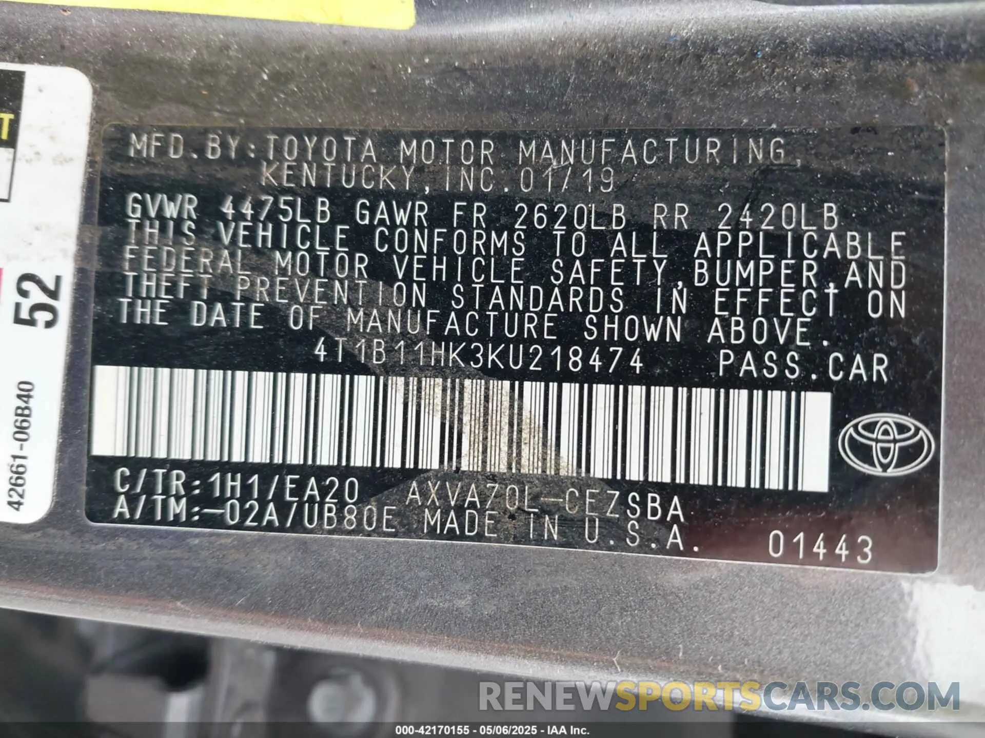 9 Photograph of a damaged car 4T1B11HK3KU218474 TOYOTA CAMRY 2019