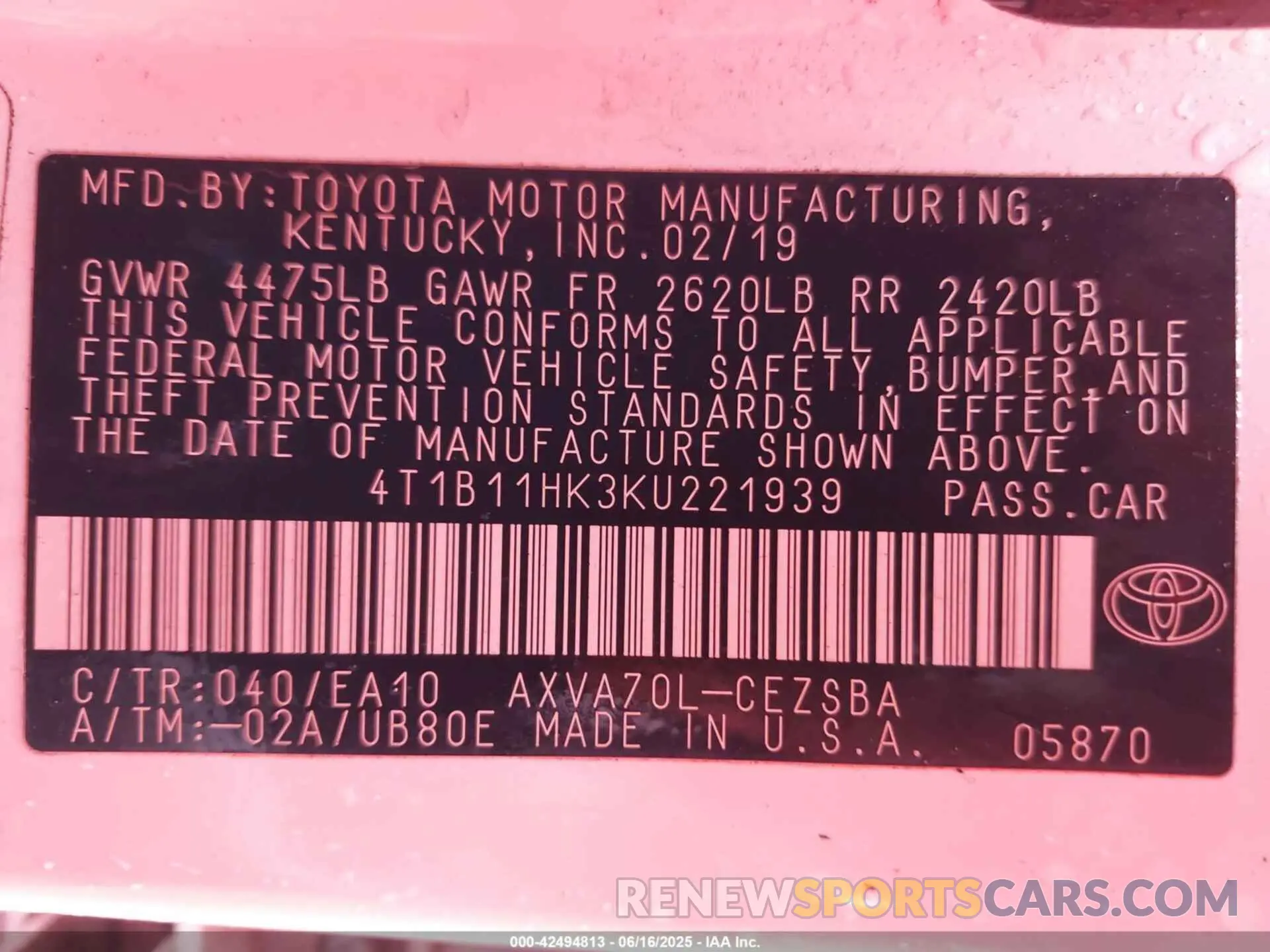 9 Photograph of a damaged car 4T1B11HK3KU221939 TOYOTA CAMRY 2019
