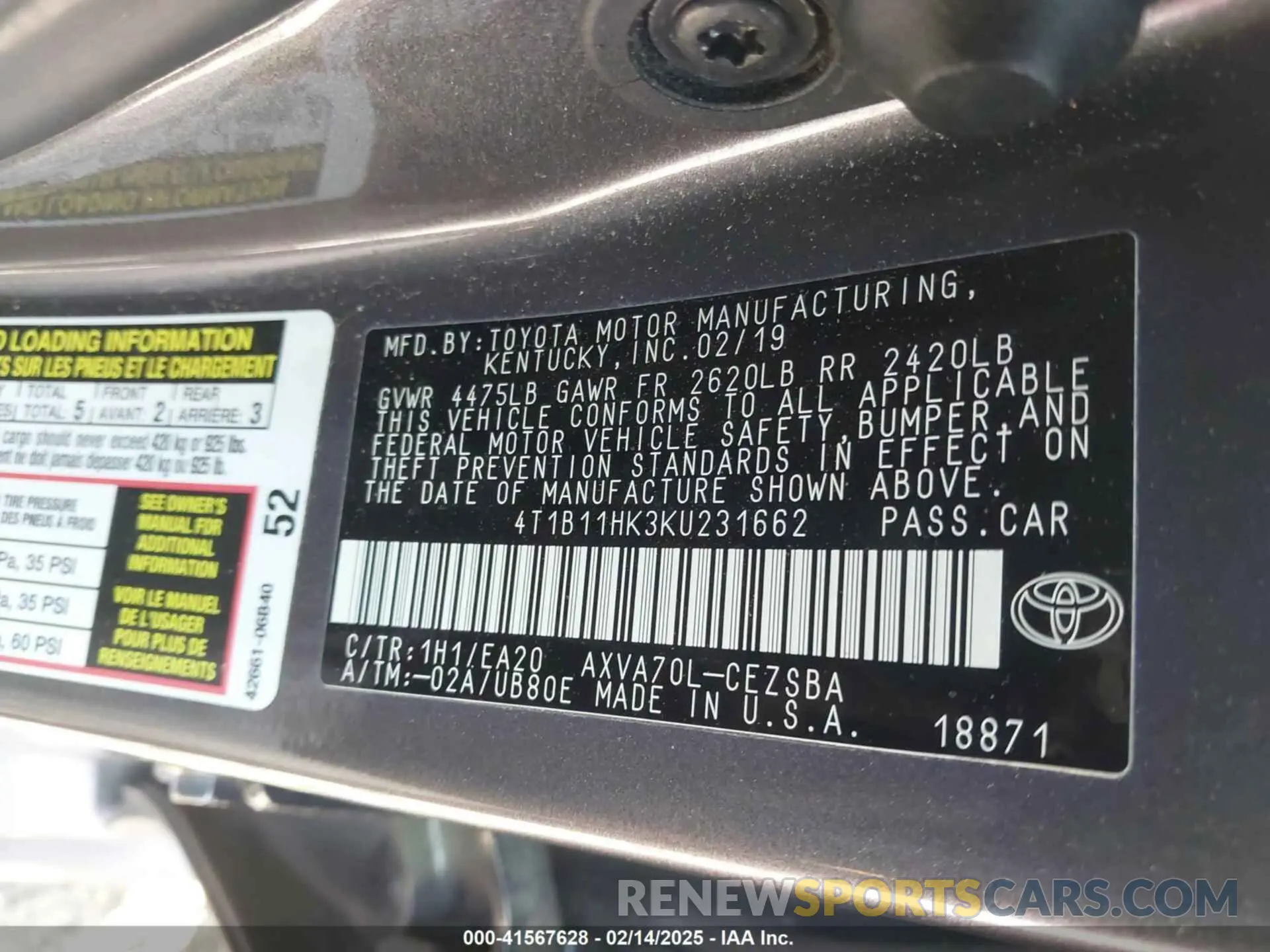9 Photograph of a damaged car 4T1B11HK3KU231662 TOYOTA CAMRY 2019