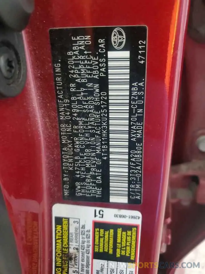 12 Photograph of a damaged car 4T1B11HK3KU251720 TOYOTA CAMRY 2019