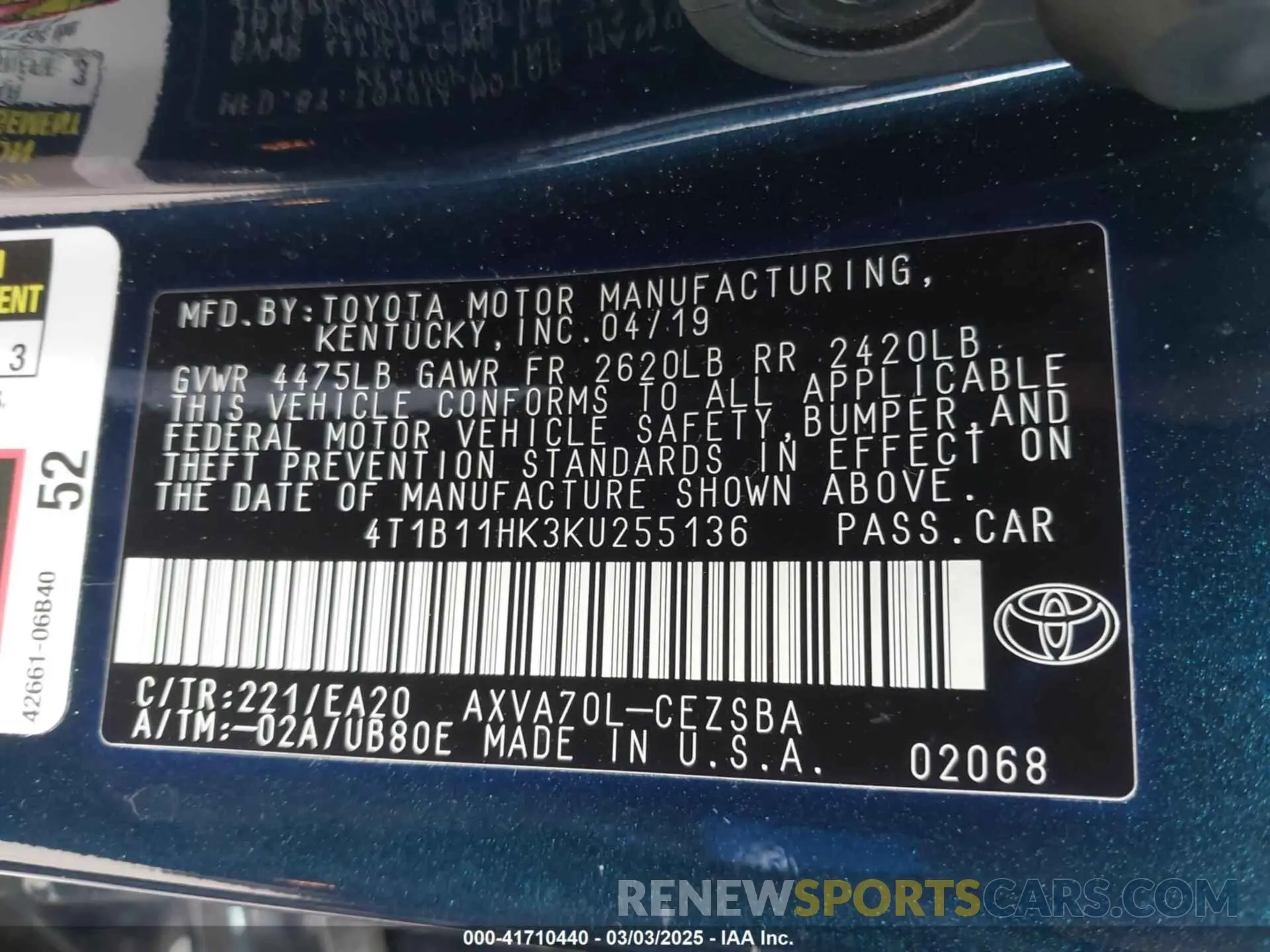 9 Photograph of a damaged car 4T1B11HK3KU255136 TOYOTA CAMRY 2019