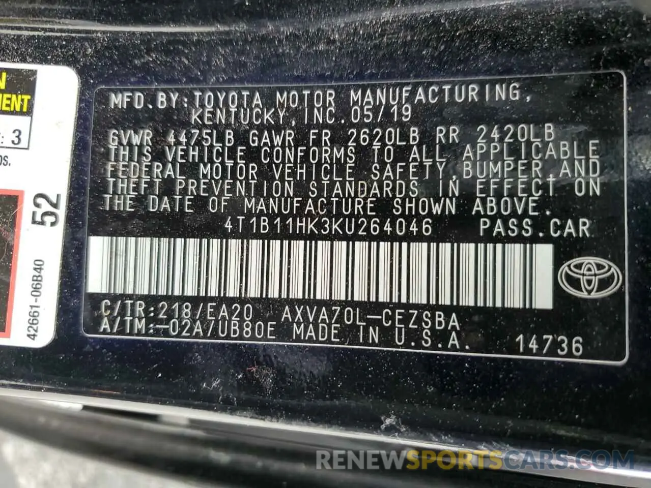 12 Photograph of a damaged car 4T1B11HK3KU264046 TOYOTA CAMRY 2019