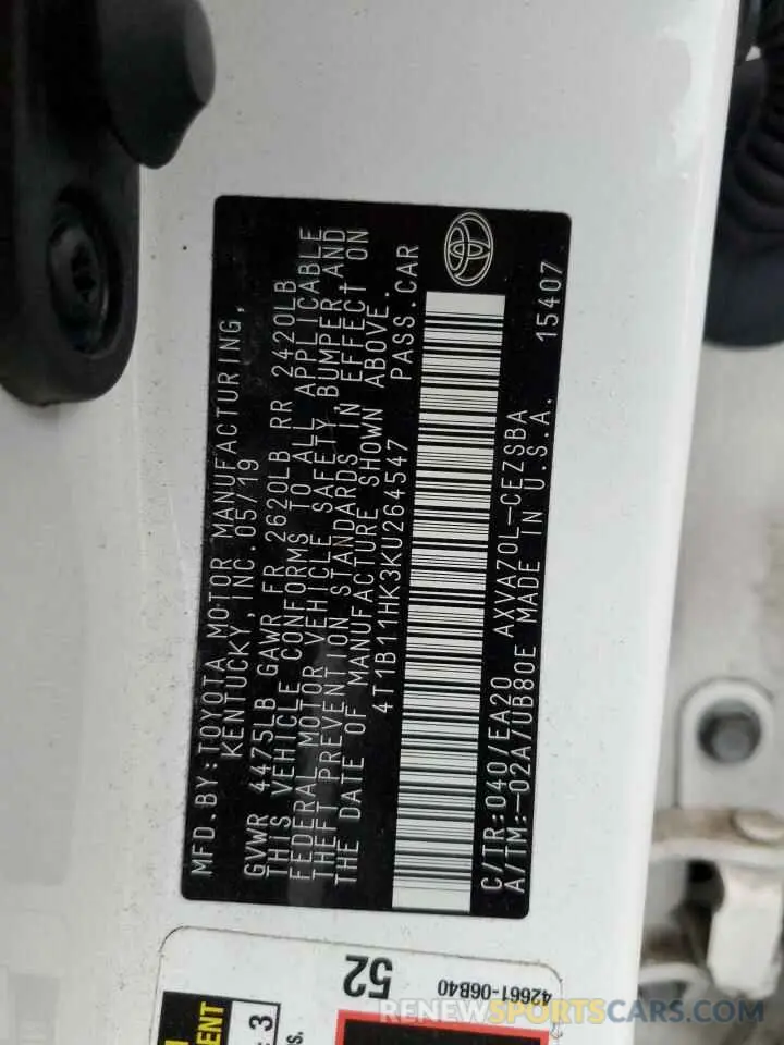 13 Photograph of a damaged car 4T1B11HK3KU264547 TOYOTA CAMRY 2019