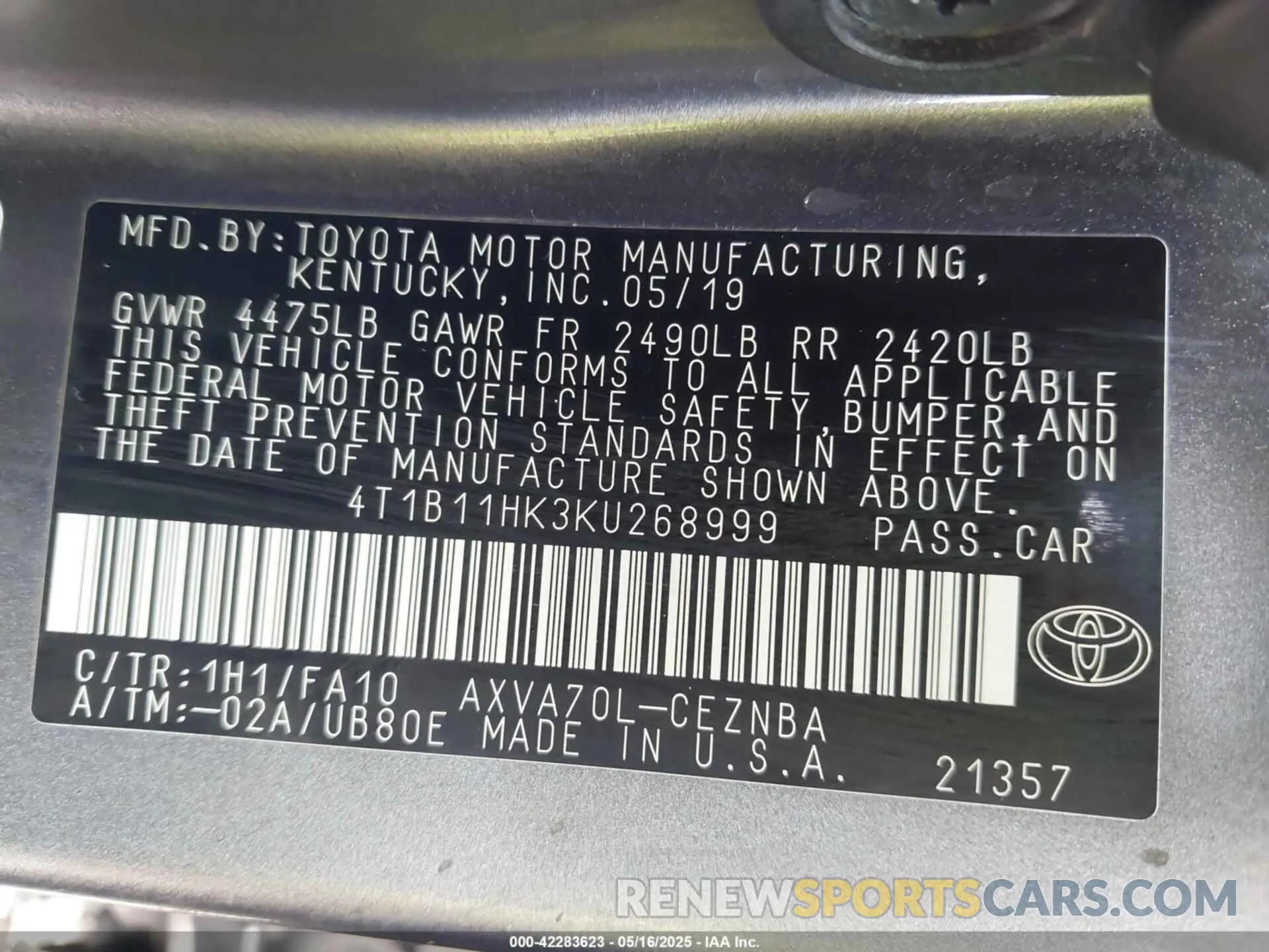 9 Photograph of a damaged car 4T1B11HK3KU268999 TOYOTA CAMRY 2019