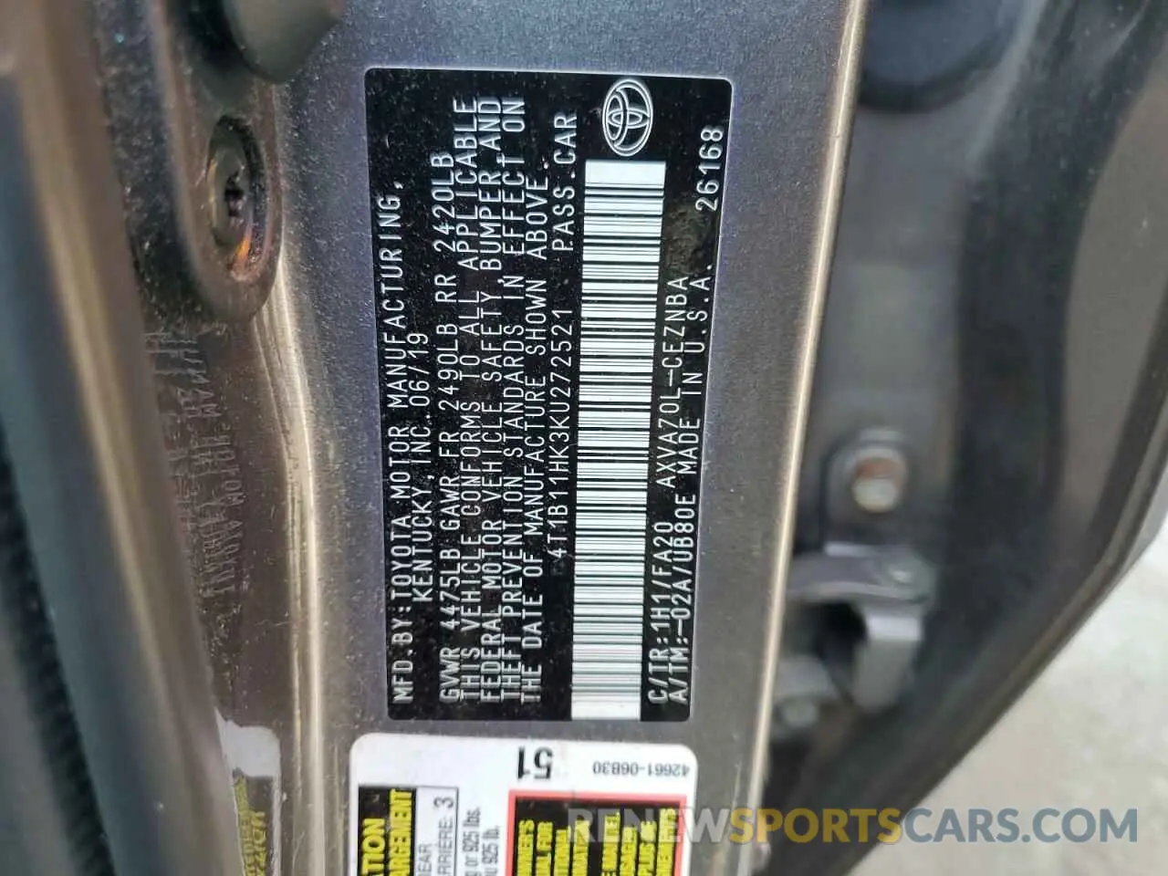 12 Photograph of a damaged car 4T1B11HK3KU272521 TOYOTA CAMRY 2019