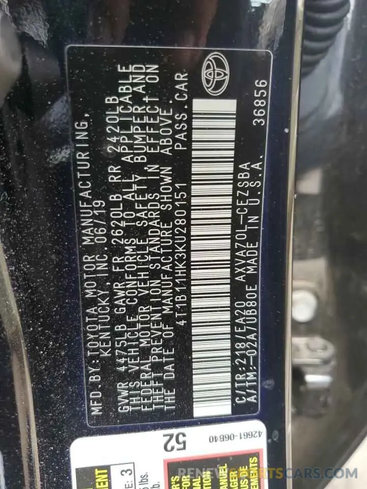 12 Photograph of a damaged car 4T1B11HK3KU280151 TOYOTA CAMRY 2019